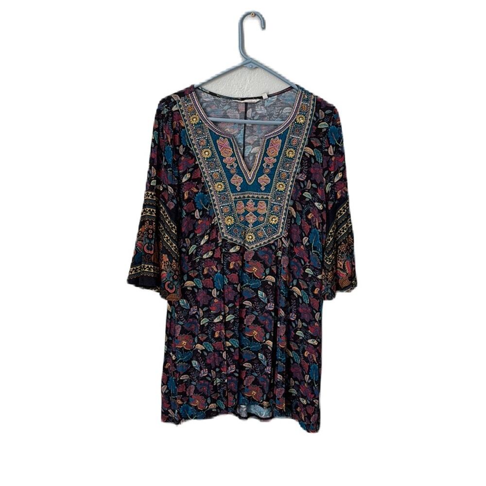 Soft Surroundings Beautiful Beaded Floral Flare Sleeve Bohemian Blouse Size M